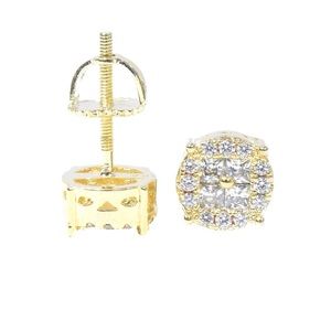 Yellow Gold Finish Round Face Princess Cut Earring
